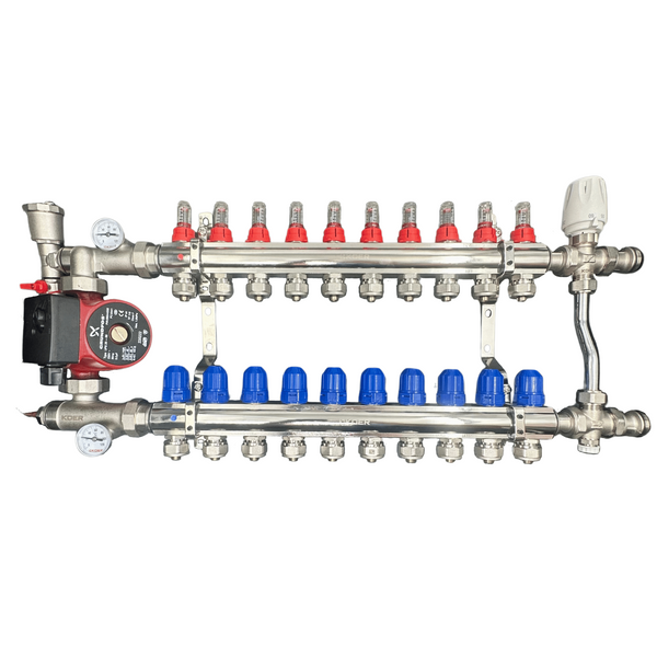 Колектор для теплої підлоги 10 контурів в сборі з триходовим клапаном та насосом Чехія (латунь) KR10/3HOD фото