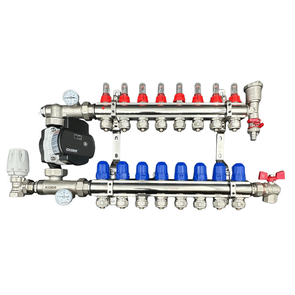 Коллектор для теплого пола на 8 контуров с частотным насосом в сборе (латунь) Чехия KR08/ENERGO фото
