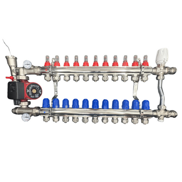 Колектор для теплої підлоги 11 контурів в сборі з триходовим клапаном та насосом Чехія (латунь) KR11/3HOD фото
