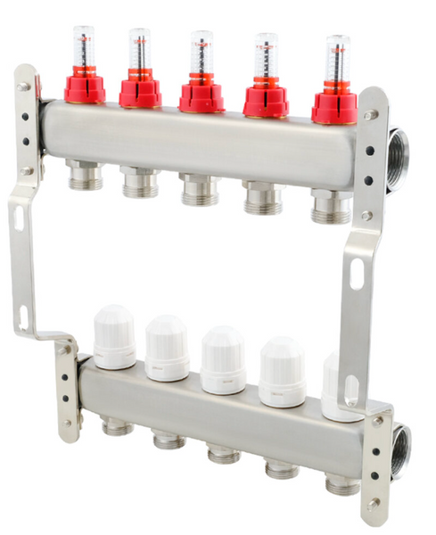 Колектор PLM 1"x3/4" 5 виходи з термоклапанами та витратомірами PSMF105(нержавіюча сталь) 88574 фото