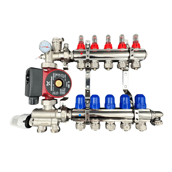 Коллектор для теплого пола 5 контуров в сборе с насосом KP Czech (Нижнее подключение) Чехия KR05/1022 фото