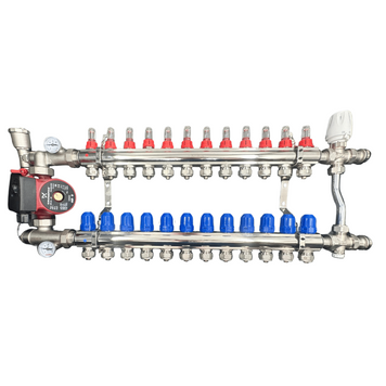 Колектор для теплої підлоги 12 контурів в сборі з триходовим клапаном та насосом Чехія (латунь) KR12/3HOD фото