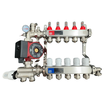 Коллектор для теплого пола 5 контуров в сборе с насосом НЕРЖАВЕЙКА (Нижнее подключение) Чехия EP05/1022 фото