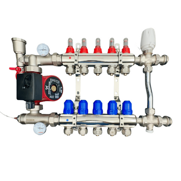 Колектор для теплої підлоги 5 контурів в сборі з триходовим клапаном та насосом Чехія (латунь) KR05/3HOD фото