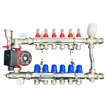Колектор для теплої підлоги 6 контурів в сборі з триходовим клапаном та насосом Чехія (латунь) KR06/3HOD фото