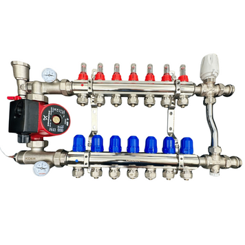 Коллектор для теплого пола 7 контура в сборе с трехходовым клапаном и насосом Чехия (латунь) KR07/3HOD фото