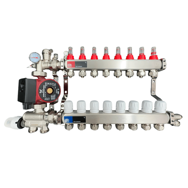 Коллектор для теплого пола 8 контуров в сборе с насосом НЕРЖАВЕЙКА (Нижнее подключение) Чехия EP08/1022 фото