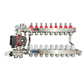 Коллектор для теплого пола 9 контуров в сборе с насосом НЕРЖАВЕЙКА (Нижнее подключение) Чехия EP09/1022 фото