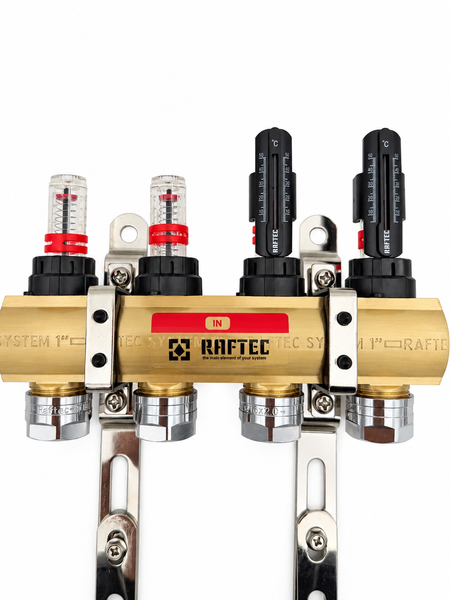 Коллектор 8 контура Raftec и энергосберегающим насосом (латунь, нижнее подключение) 57001/1022 фото